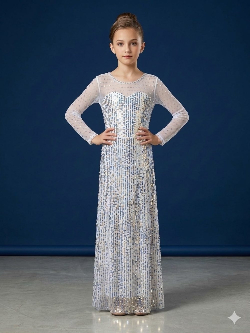 Girls' Silver Sequin Long Mesh Sleeve White Dress w/2 Detachable Long Pieces
